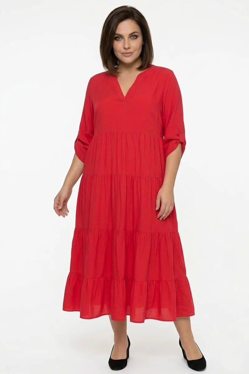 Φόρεμα με βολάν σε κοραλλί χρώμα plus size