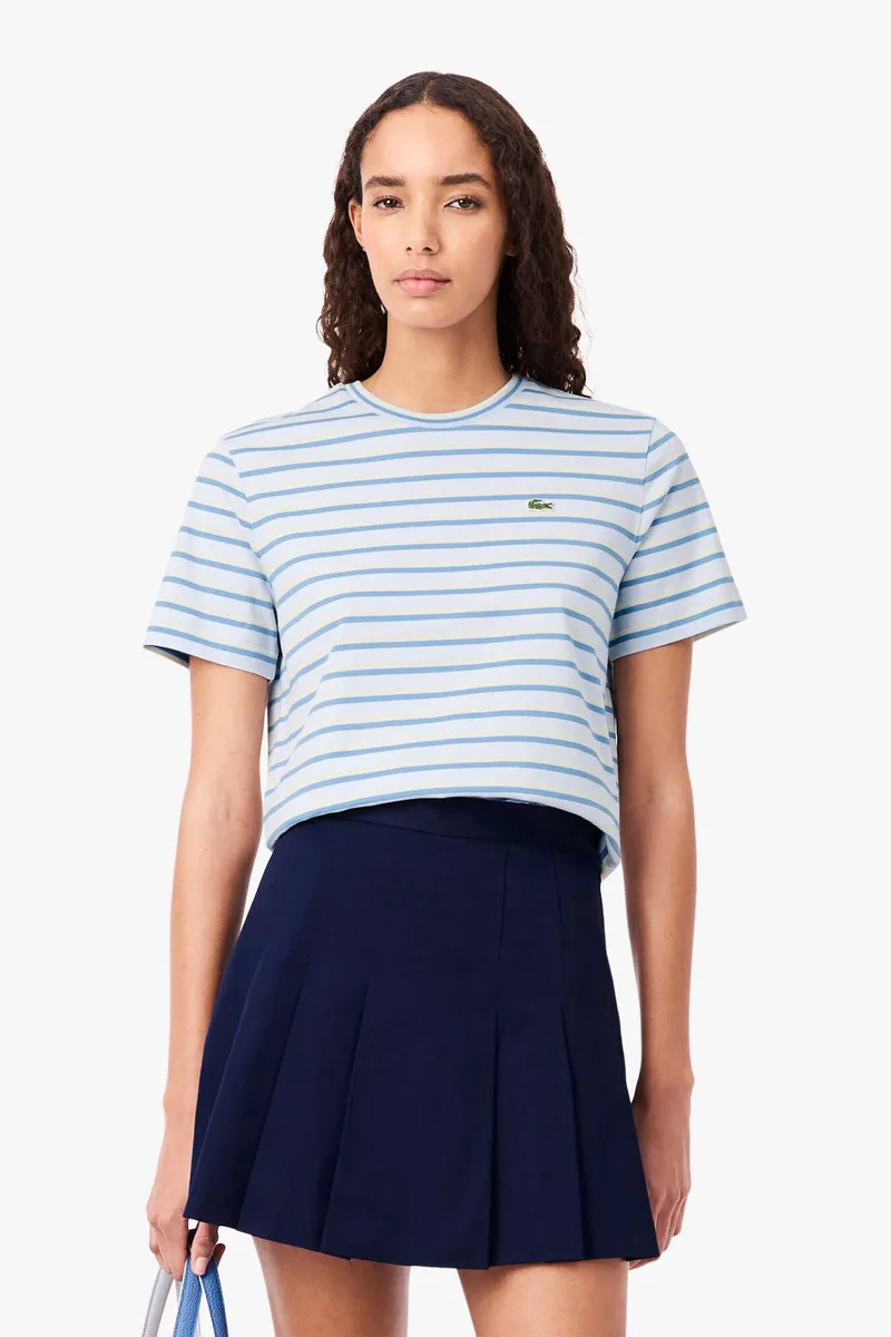 Lacoste γυναικείο T-shirt με ριγέ σχέδιο και κεντημένο λογότυπο Regular Fit - TF7574-00 Μπλε Ανοιχτό
