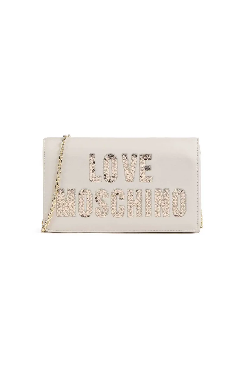Love Moschino γυναικεία τσάντα crossbody μονόχρωμη με λογότυπο με παγιέτες - JC4293PP0IKK1 Μπεζ
