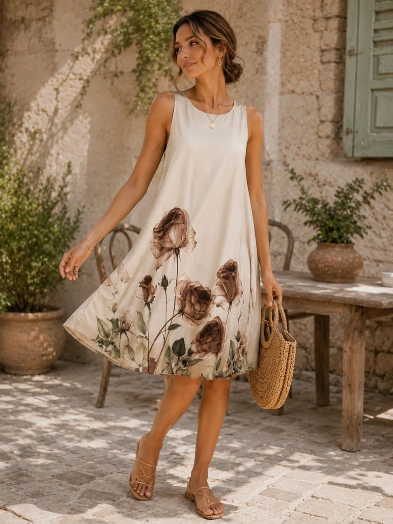 Γυναικείο Αέρινο Φόρεμα με Floral Print και Άνετη Α-Γραμμή - Μπεζ | Dress Up Μπεζ