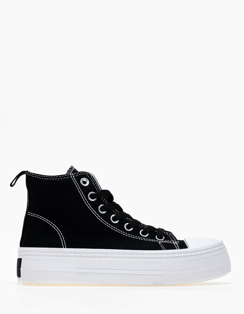 Γυναικεία sneakers μποτάκια, δίσολα, υφασμάτινα - Μαύρο
