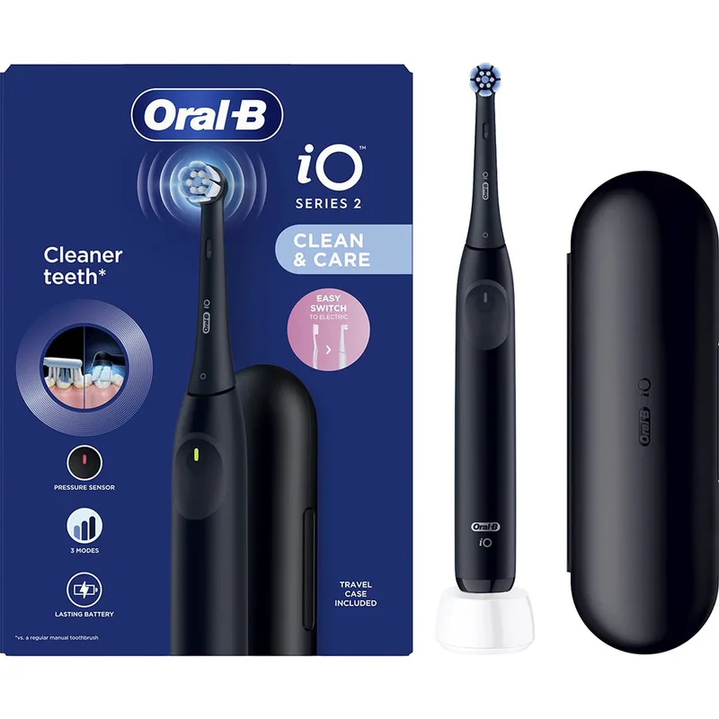 Oral-B iO Series 2 Clean & Care Electric Toothbrush with Travel Case Ηλεκτρική Οδοντόβουρτσα με 3 Προγράμματα Καθαρισμού & Αισθητήρα Πίεσης σε Μαύρο Χρώμα με Θήκη Μεταφοράς 1 Τεμάχιο - Black