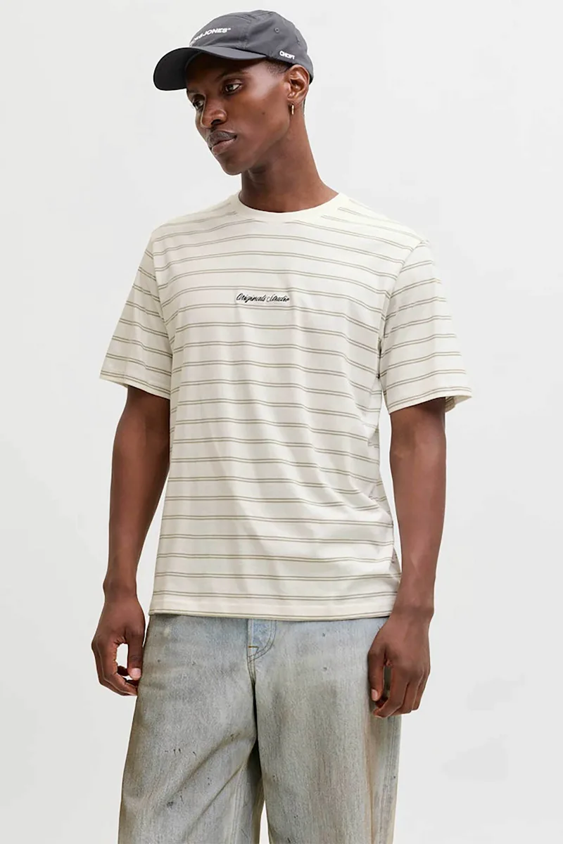 JACK & JONES ανδρικό T-shirt με ριγέ σχέδιο και λογότυπο Relaxed Fit - 12291021 Εκρού