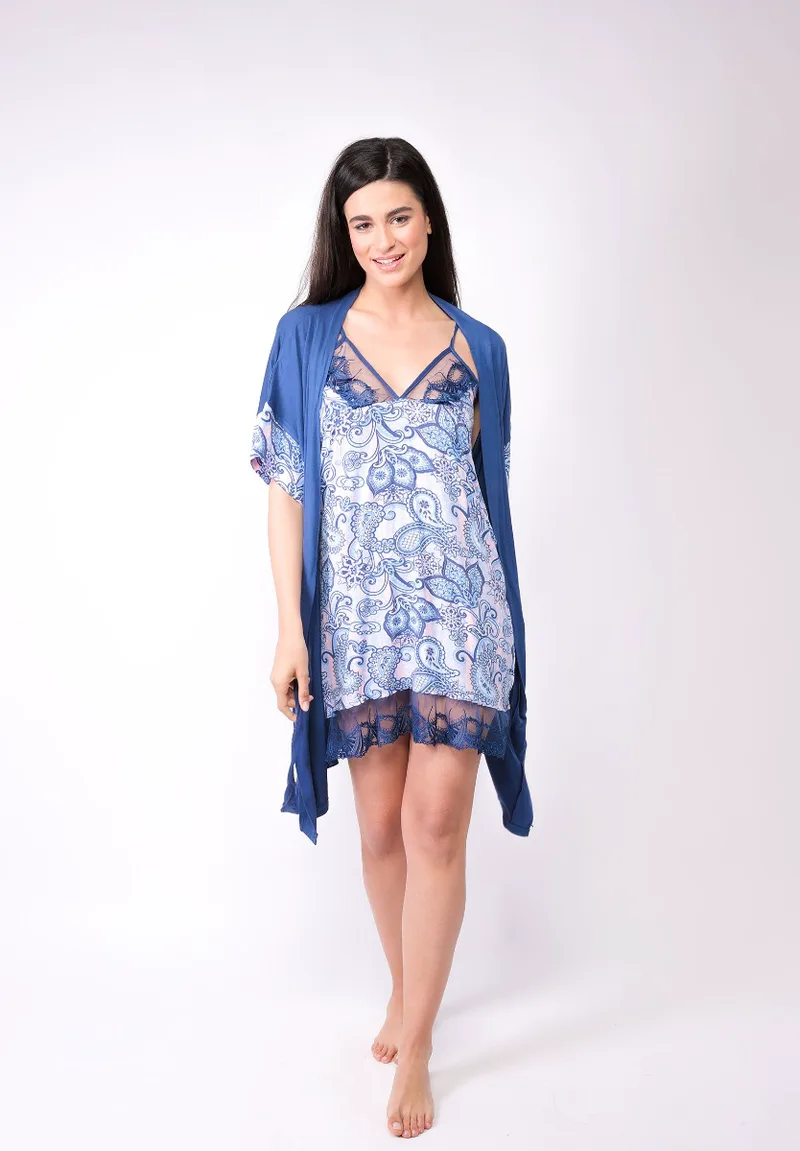 Σετ Ρόμπα - Νυχτικό Viscose Blue Wildflower 84422