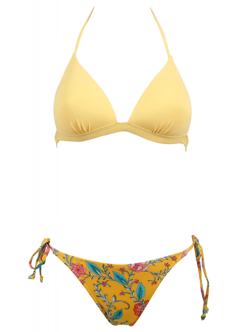 Set μαγιό τρίγωνο με ενσωματωμένη ενίσχυση Bikini κανονική γραμμή δετό στο πλάι. Καλύπτει B Cup ΚΙΤΡΙΝΟ