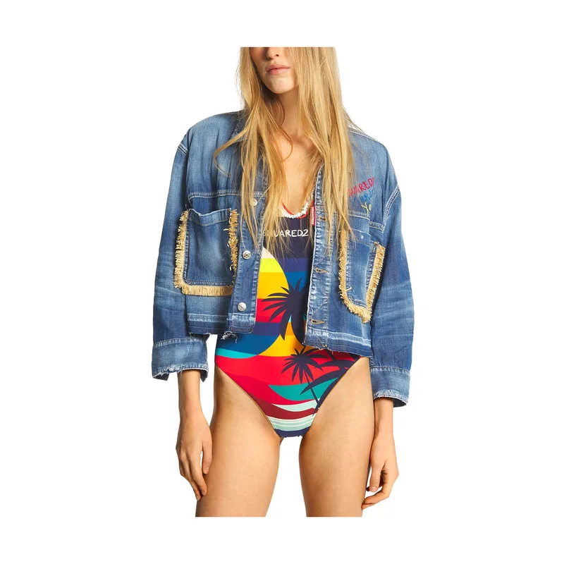Χοντρό μπουφάν Dsquared DENIM CROP JACKET WOMEN