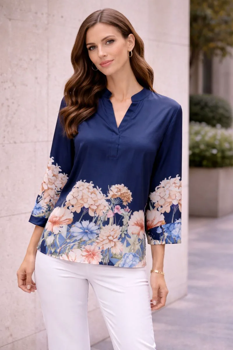 Μπλούζα Σατέν Με FLoral Print Σε Μπλε Χρώμα Μπλε