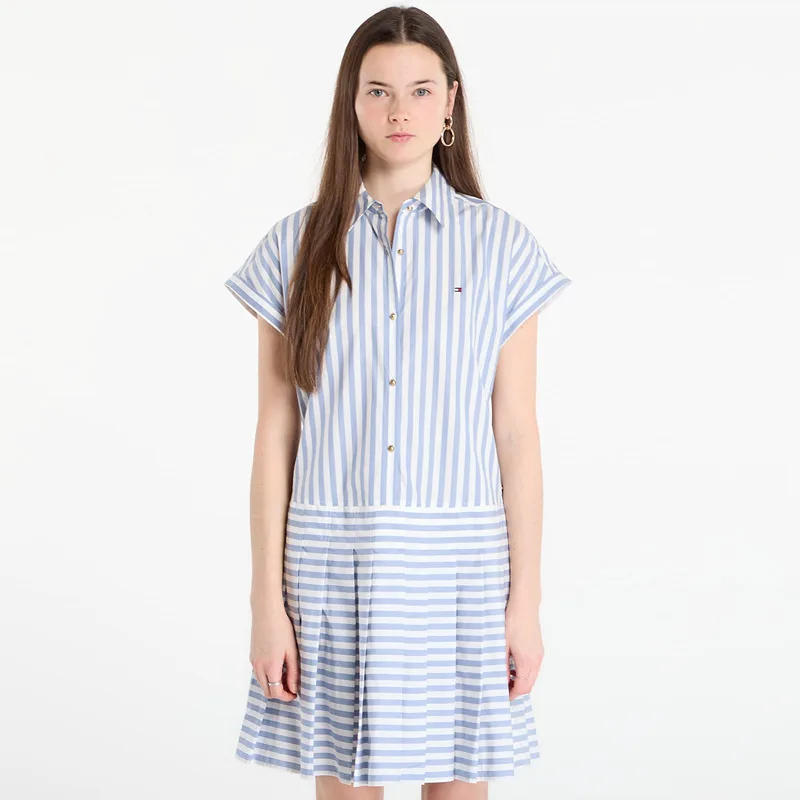 Φόρεμα Tommy Hilfiger Poplin Pleated Short Ss Dress White Banker Stp Ecru Brisk Blue XS