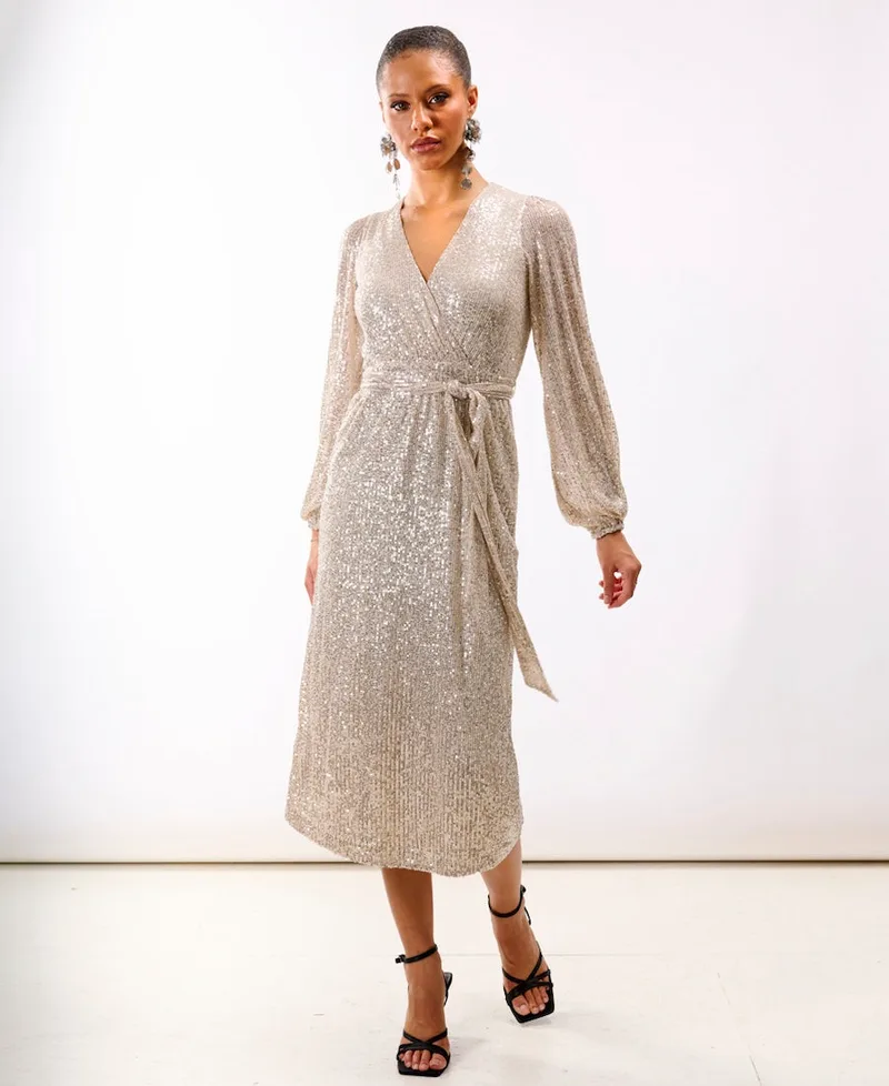 Cream Sequin Wrap Midi Dress | Size: 8