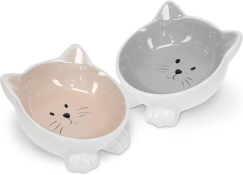 Navaris Cat Bowls with Ears Set of 2 - Σετ με 2 Μπολ Φαγητού και Νερού σε Σχήμα Γάτας - Μπεζ / Grey (50736.11)