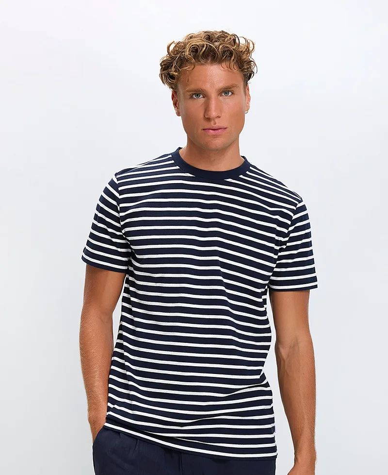Ανδρικό T-Shirt Regular Fit Βαμβακερό Ριγέ Με Στρογγυλή Λαιμόκοψη Μπλε Σκούρο