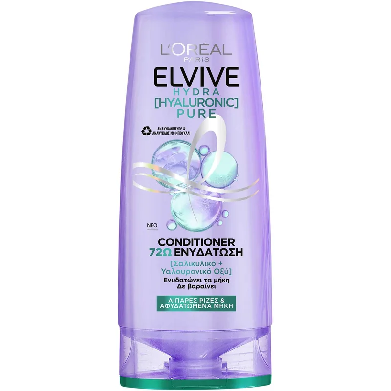 L'Oreal Paris Elvive Hydra Hyaluronic Pure Conditioner Μαλακτική Κρέμα Μαλλιών για Ενυδάτωση Έως 72 Ώρες με Σαλικυλικό & Υαλουρονικό Οξύ 300ml