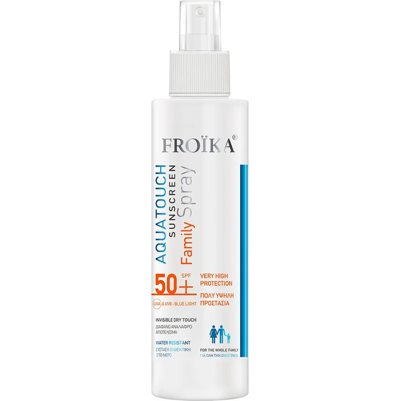 Froika Aquatouch Sunscreen Family Spf50+ Spray Αντηλιακό Σπρέι Προσώπου & Σώματος Λεπτόρρευστης Υφής Πολύ Υψηλής Προστασίας Ανθεκτικό στο Νερό, Κατάλληλο για Όλη την Οικογένεια 250ml