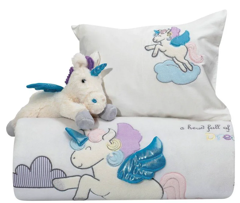 ΣΕΤ ΚΟΥΒΕΡΛΙ-ΜΑΞΙΛΑΡΟΘΗΚΗ-ΛΟΥΤΡΙΝΟ DREAM LINE EMBROIDERY DAS HOME 6463 ΚΡΕΜ/ΡΟΖ UNICORN 110X150CM