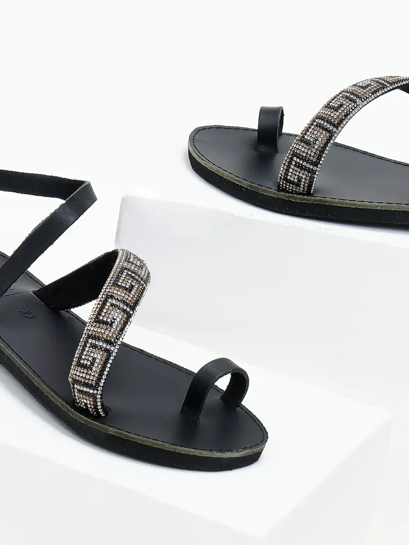 Estil Leather Sandals Rhinestone Meander - 140 - Black