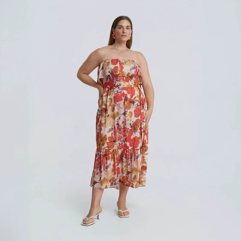 Φλοράλ strapless φόρεμα με ζώνη