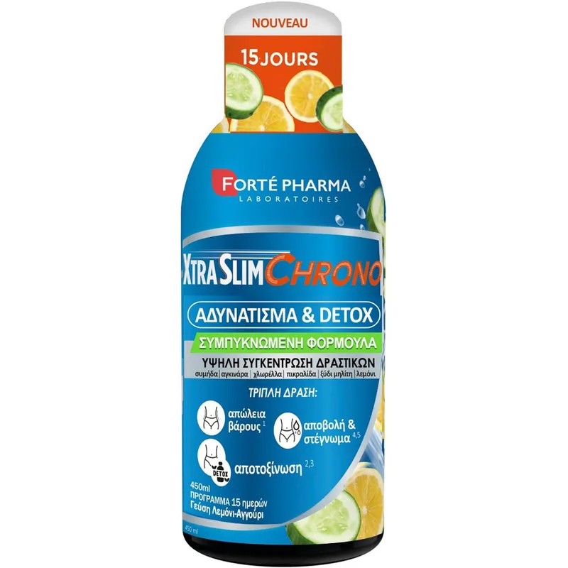Forte Pharma XtraSlim Chrono Συμπλήρωμα Διατροφής Εκχυλίσματος Βοτάνων & Μετάλλων σε Πόσιμο Υγρό για Απώλεια Βάρους, Στέγνωμα & Αποτοξίνωση του Οργανισμού με Γεύση Λεμόνι Αγγούρι 450ml
