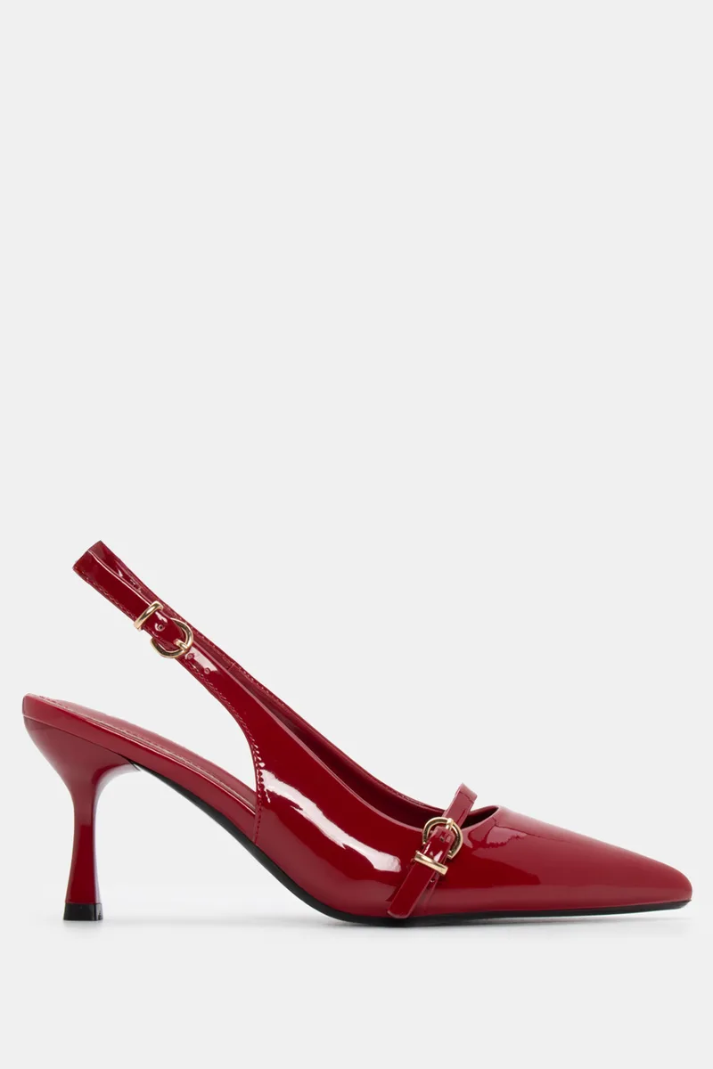 Γόβες Μυτερές Slingback με Τόκες - Μπορντό-Λουστρίνι