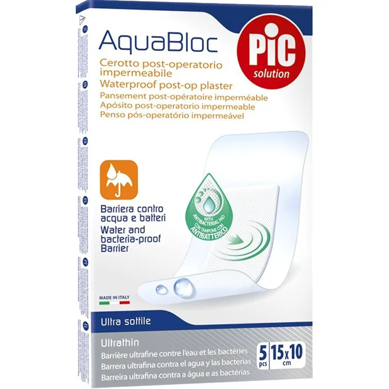 Pic Solution Aquabloc Waterproof Post-Op Plaster Αδιάβροχο Αυτοκόλλητο Μετεγχειρητικό Επίθεμα με Ειδικό Αντιβακτηριακό Μαξιλαράκι 5 Τεμάχια - 15cm x 10cm