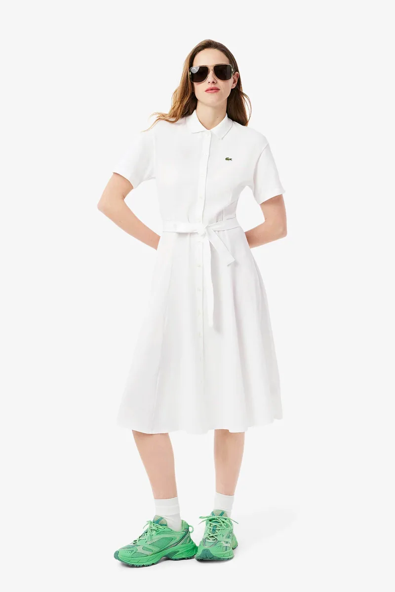 Lacoste γυναικείο midi φόρεμα πόλο σεμιζιέ πικέ με κεντημένο λογότυπο Flared Cut - EF9621-00 Λευκό
