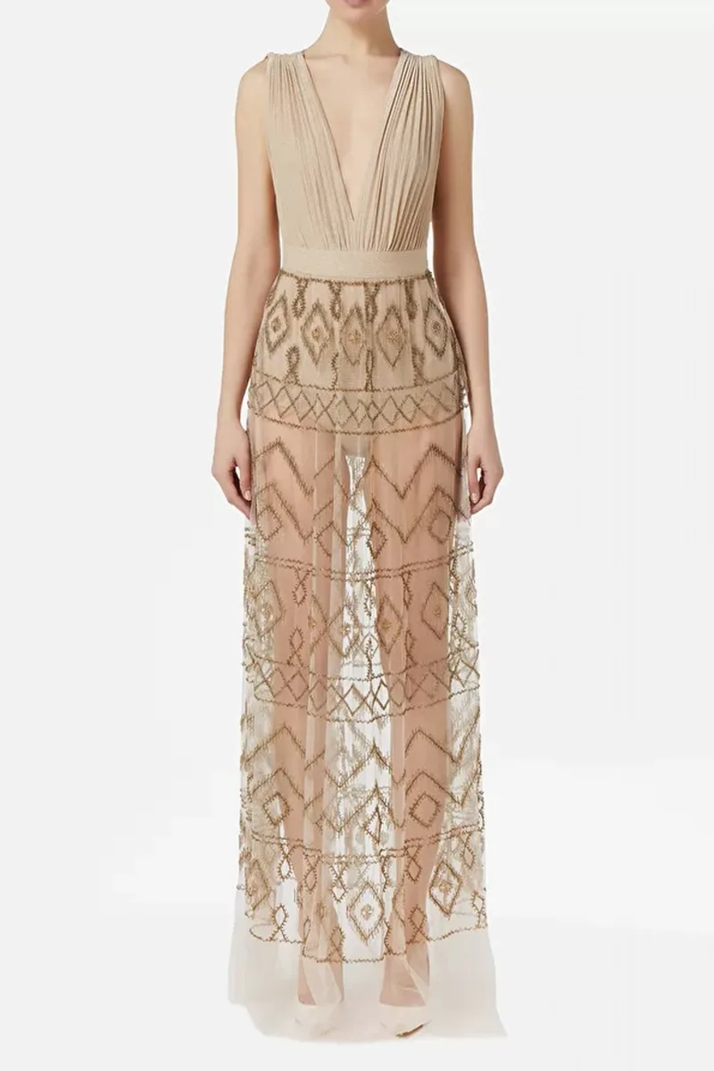 ELISABEΤΤA FRANCHI RED CARPET ΦΟΡΕΜΑ MAXI LUREX ΔΙΑΦΑΝΕΙΑ ΠΛΙΣΕ ΧΑΝΤΡΕΣ ΧΡΥΣΟ