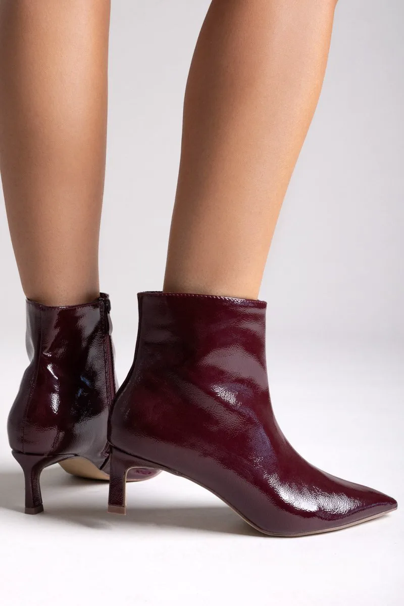 ERYNN Pointed Patent Ankle Boots with Low Heel - 00-08 - Burgundy Crinkled Patent