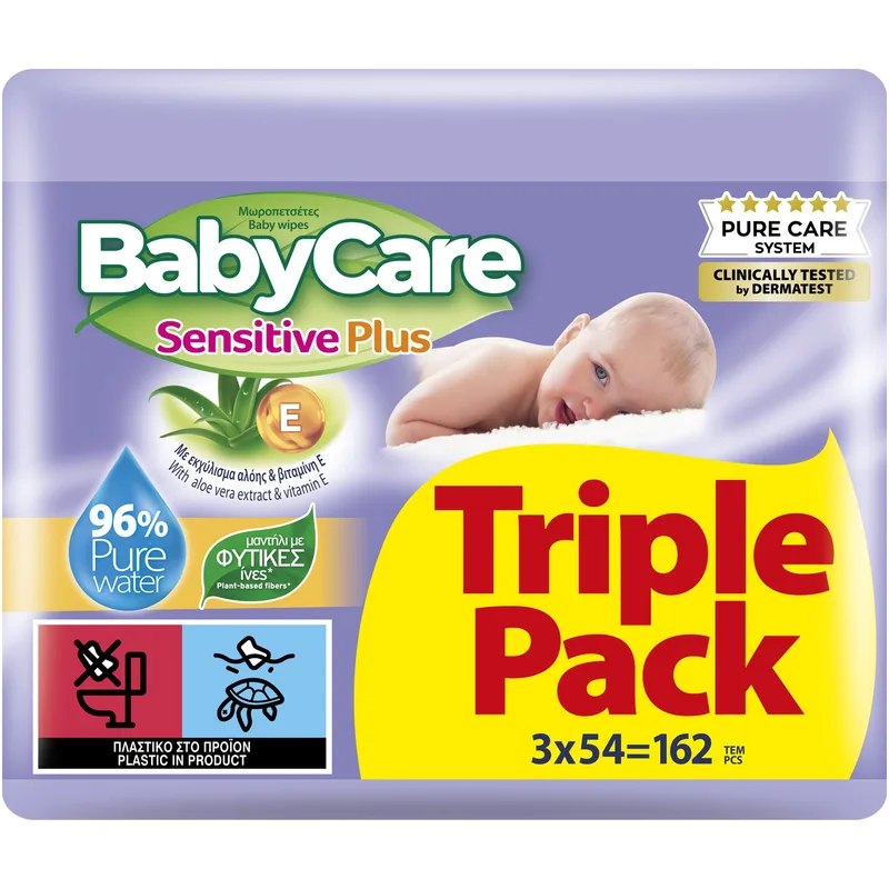 BabyCare Sensitive Plus Baby Wipes Triple Pack Μωρομάντηλα για τον Απαλό Καθημερινό Καθαρισμό του Βρεφικού Δέρματος με Εκχύλισμα Αλόης & Βιταμίνης Ε 162 Τεμάχια (3x54 Τεμάχια)