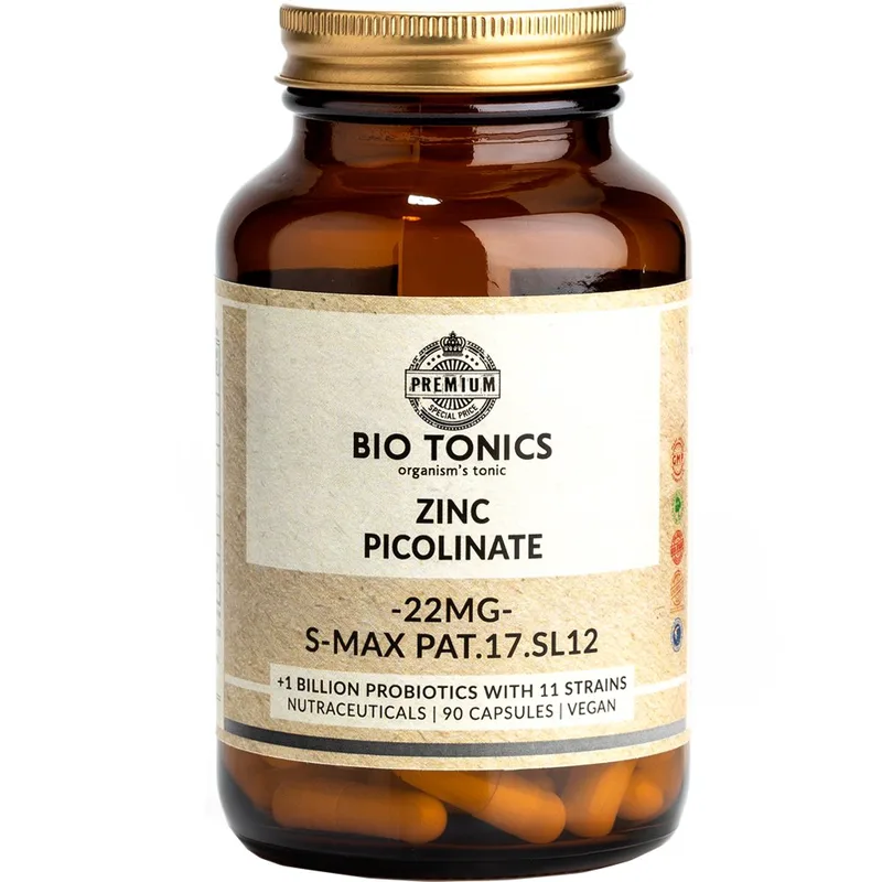 Bio Tonics Zinc Picolinate 22mg Συμπλήρωμα Διατροφής με Ψευδάργυρο Πικολινικής Μορφής & Προβιοτικά για Μέγιστη Απορρόφηση για την Ενίσχυση του Ανοσοποιητικού & την Καλή Υγεία των Οστών 90caps