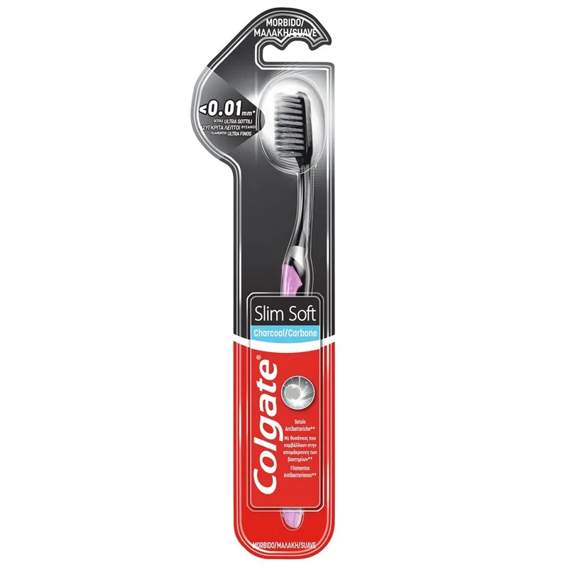 Colgate Charcoal Slim Soft Toothbrush Οδοντόβουρτσα με Εξαιρετικά Λεπτές - Απαλές Ίνες Καθαρισμού, Εμποτισμένες με Ξυλάνθρακα 1 Τεμάχιο - Ροζ