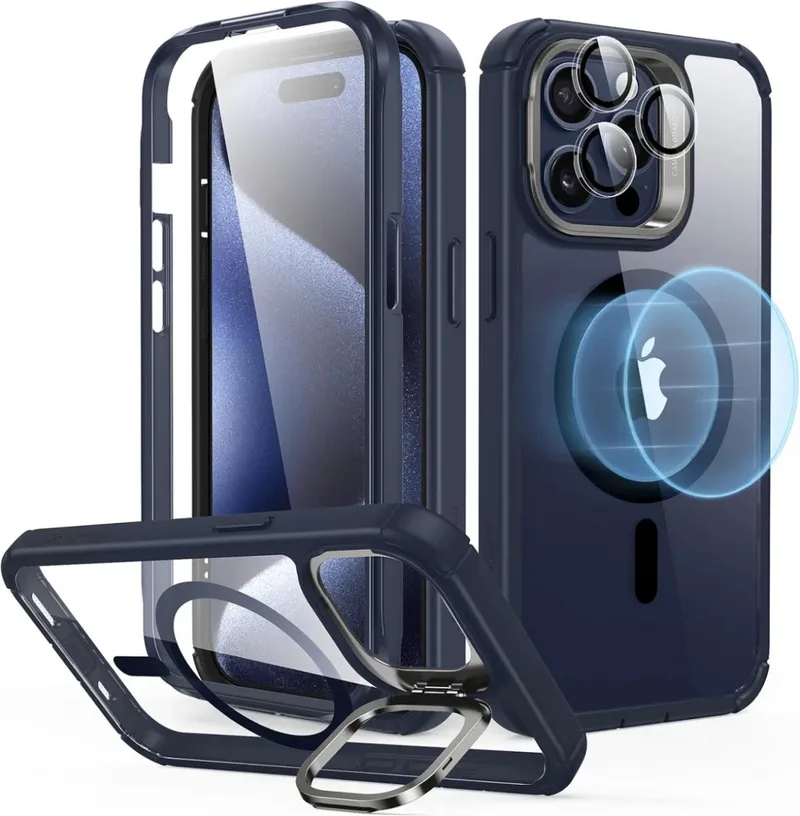ESR Armor Tough with Stash Stand HaloLock - Ανθεκτική 360° Διάφανη MagSafe Θήκη με Kickstand & Tempered Glass για Φακό Κάμερας - Apple iPhone 15 Pro Max - Clear / Dark Blue (4894240176665)