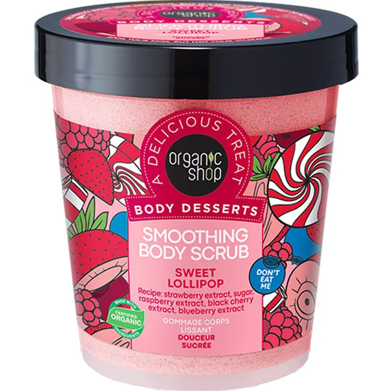 Organic Shop Body Desserts Sweet Lollipop Smoothing Body Scrub Απολεπιστικό Σώματος με Εκχύλισμα Φράουλας, Βατόμουρου, Μαύρου Κερασιού & Ζάχαρη για Ελαστικότητα & Απαλό Δέρμα 450ml