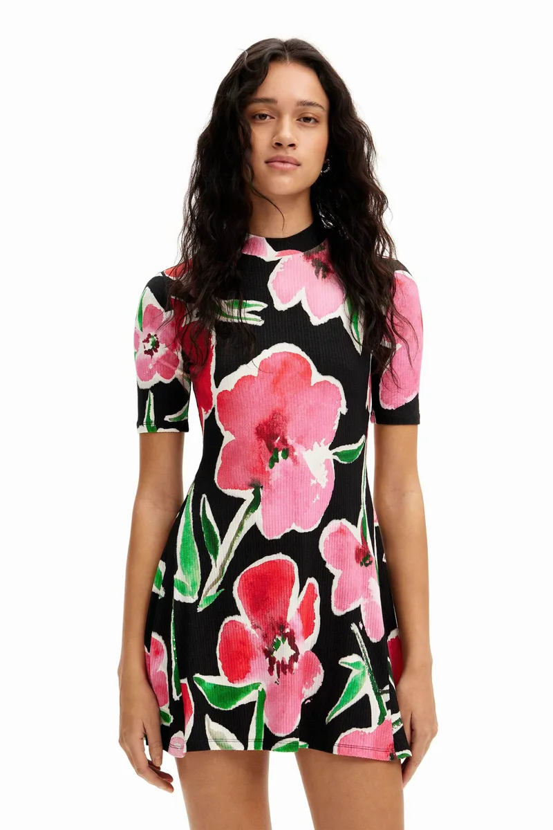 Desigual γυναικείο mini φόρεμα με all-over ribbed υφή και watercolor-effect floral print "Boston" - 24SWVK38 Μαύρο