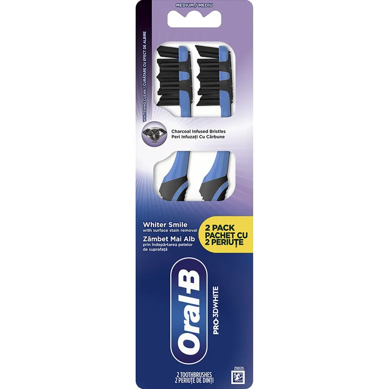 Oral-B Promo Pro 3D White Charcoal Medium Toothbrush Χειροκίνητη Οδοντόβουρτσα με Μεσαίας Σκληρότητας Ίνες για Βαθύ Καθαρισμό & Λεύκανση με Ίνες από Ενεργό Άνθρακα 2 Τεμάχια - Μπλε