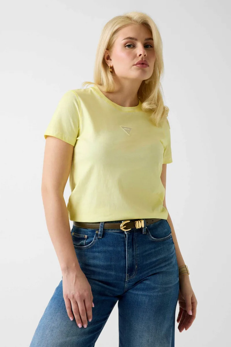 Guess γυναικείο T-shirt και τριγωνικό λογότυπο με στρας Regular Fit - W6GI10K3025 Κίτρινο