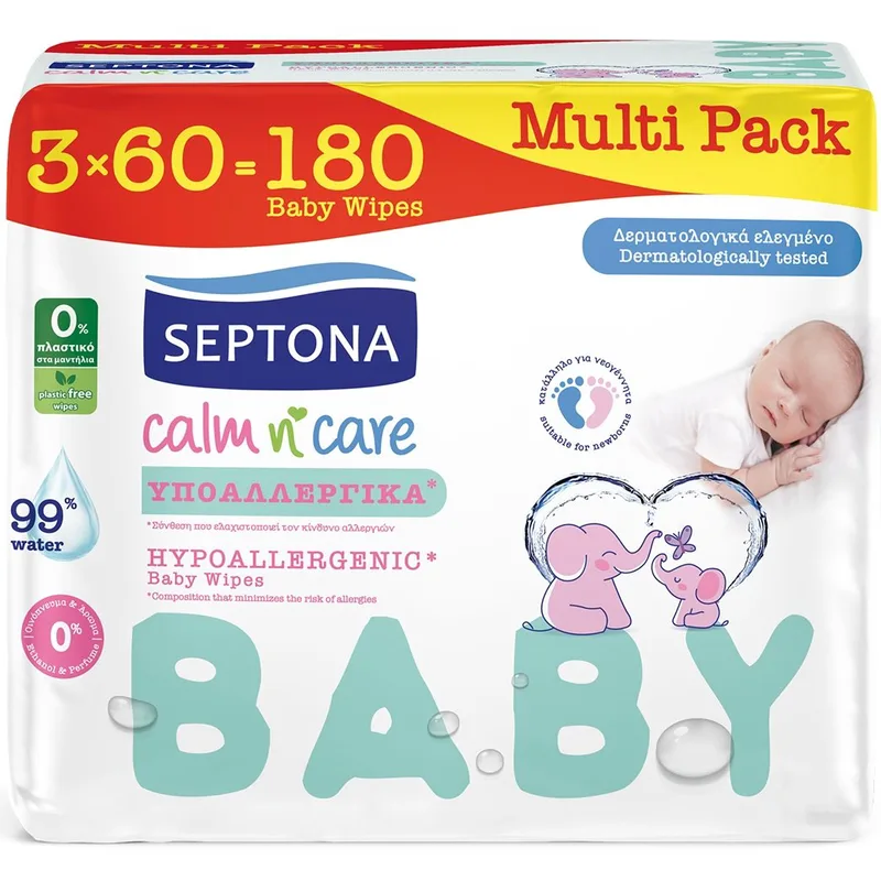 Septona Calm n' Care Hypoallergenic Baby Wipes Βρεφικά, Απαλά & Ενυδατικά Μωρομάντηλα με Σύνθεση που Ελαχιστοποιεί το Κίνδυνο Αλλεργιών 180 Τεμάχια (3x60 Τεμάχια)