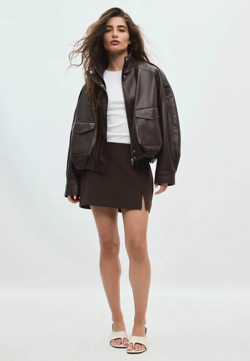 Stradivarius Oversize Τζάκετ Με Όψη Δέρματος Καφέ Xl
