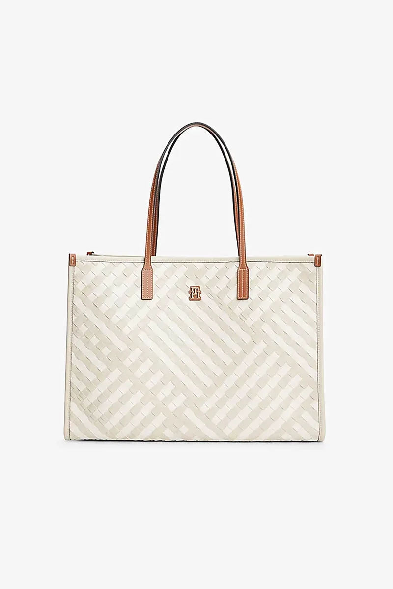 Tommy Hilfiger γυναικεία τσάντα tote με μεταλλικό monogram και πλεκτό σχέδιο "TH City" - AW0AW18394 Λευκό