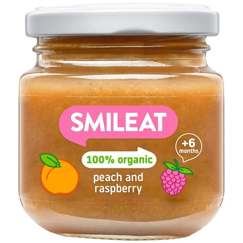 Smileat Organic Peach & Raspberry Small Jar 6m+ Βιολογικός Πουρές Φρούτων με Ροδάκινο & Σμέουρο Χωρίς Προσθήκη Ζάχαρης για Βρέφη από τον 6ο Μήνα 130g