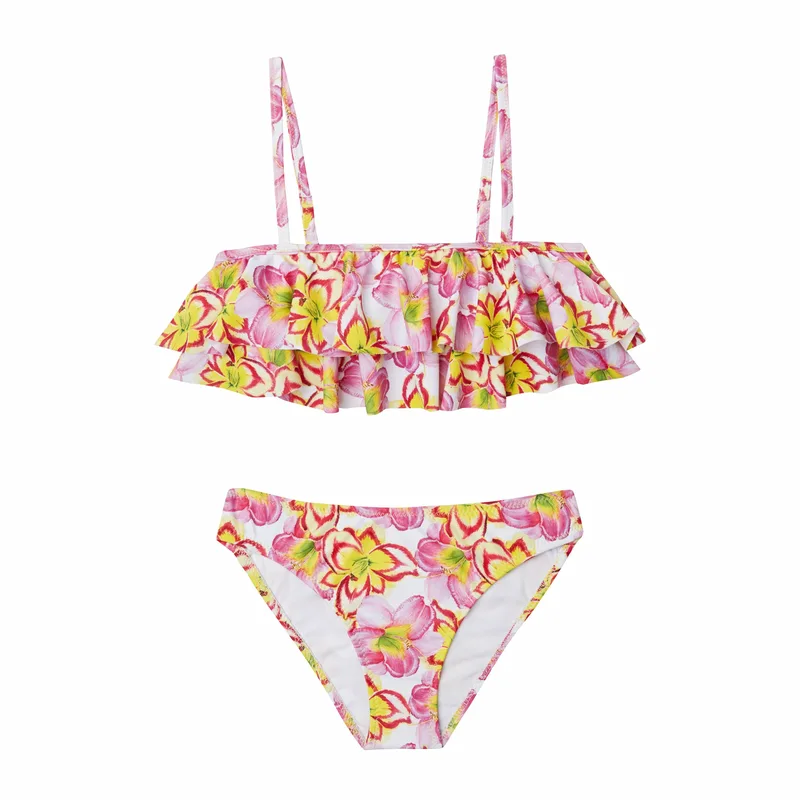 GIRL'S DOUBLE RUFFLED BIKINI YELLOW LILLIES