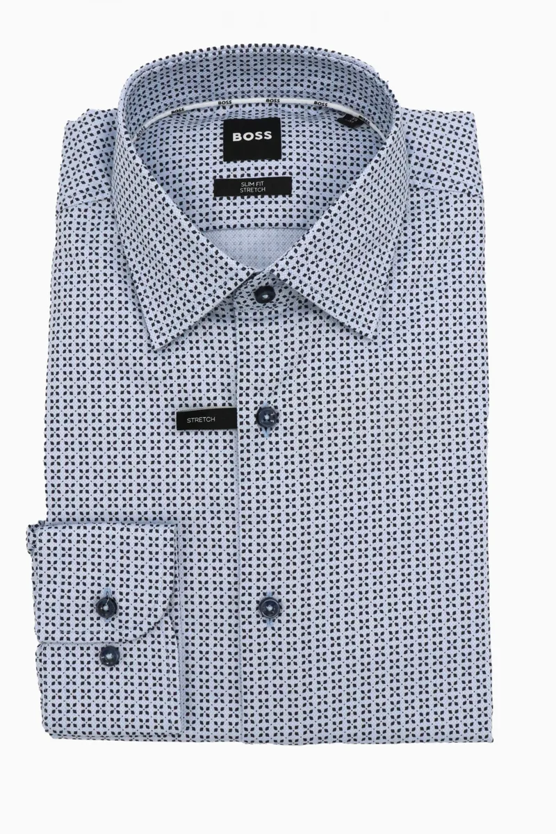 BOSS ΠΟΥΚΑΜΙΣΟ ΜΙΚΡΟΣΧΕΔΙΟ SLIM FIT STRETCH H-HANK-KENT-C1-214 ΣΙΕΛ-ΜΠΛΕ