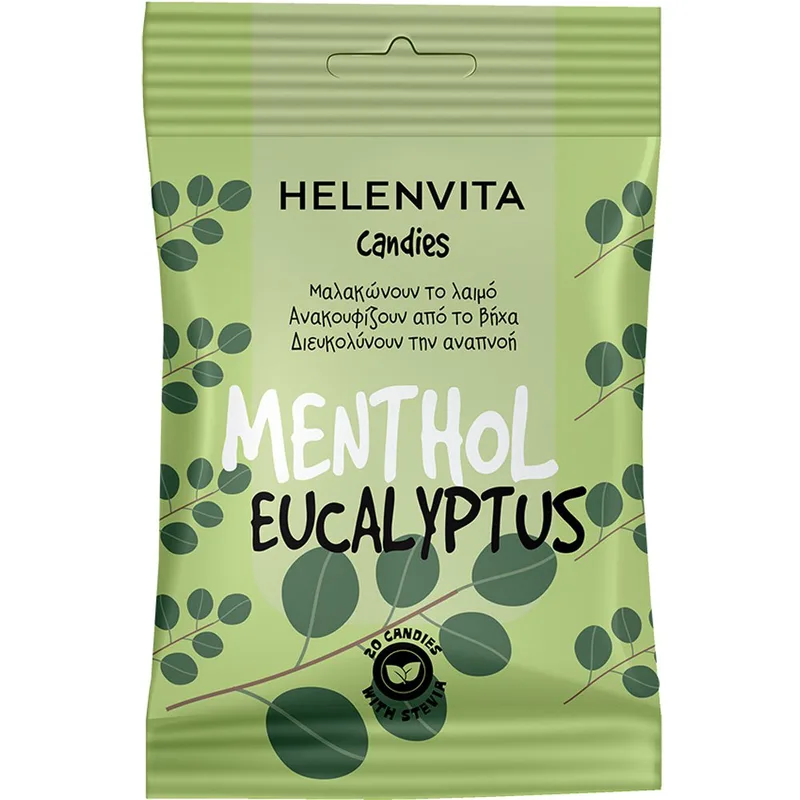 Helenvita Menthol & Eucalyptus Sore Throat & Cough Candies Συμπλήρωμα Διατροφής με Βιταμίνη C & Εκχύλισμα Βοτάνων για Ενίσχυση του Ανοσοποιητικού, Αντιμετώπιση του Ερεθισμένου Λαιμού & Ανακούφιση από το Βήχα με Γεύση Μέντα Ευκάλυπτο 20 Τεμάχια