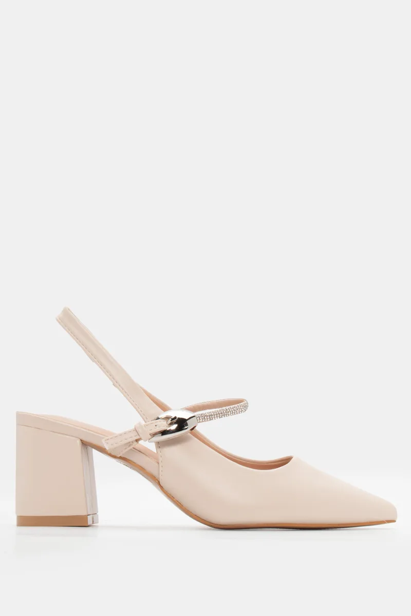 Γόβες Μυτερές Slingback με Strass - Μπεζ