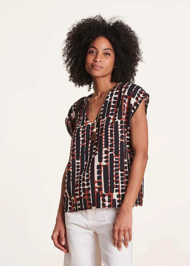 La Fee Maraboutee Γυναικείο Κοντό Τοπ Αέρινο Regular Fit με Ethnic Print και V Λαιμόκοψη