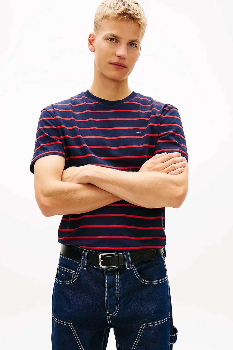 Tommy Jeans ανδρικό T-shirt ριγέ με λογότυπο Regular Fit - DM0DM22544 Μπλε Σκούρο