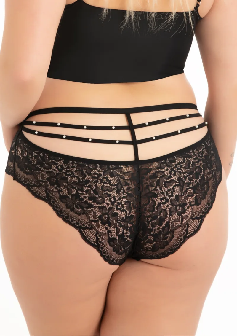 Plus Size Μπραζίλιαν Κιλοτάκι Με Κορδονάκια - Μαύρο