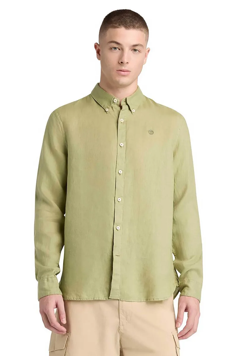 Timberland ανδρικό λινό πουκάμισο button down με κεντημένο tree logo Slim Fit "Mill Brook" - TB0A2DC3BQ01 Πράσινο Ανοιχτό