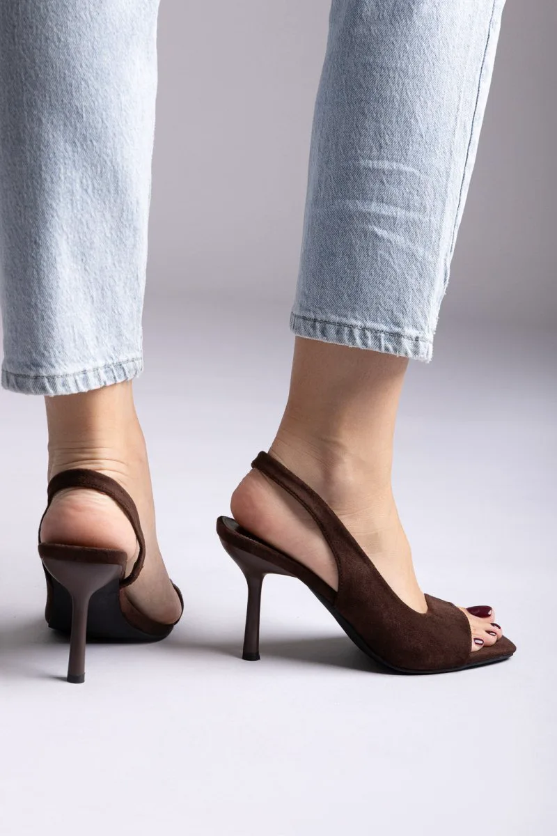 Ideal shoes Slingback Stiletto Sandals - 3292 - Brown Suede