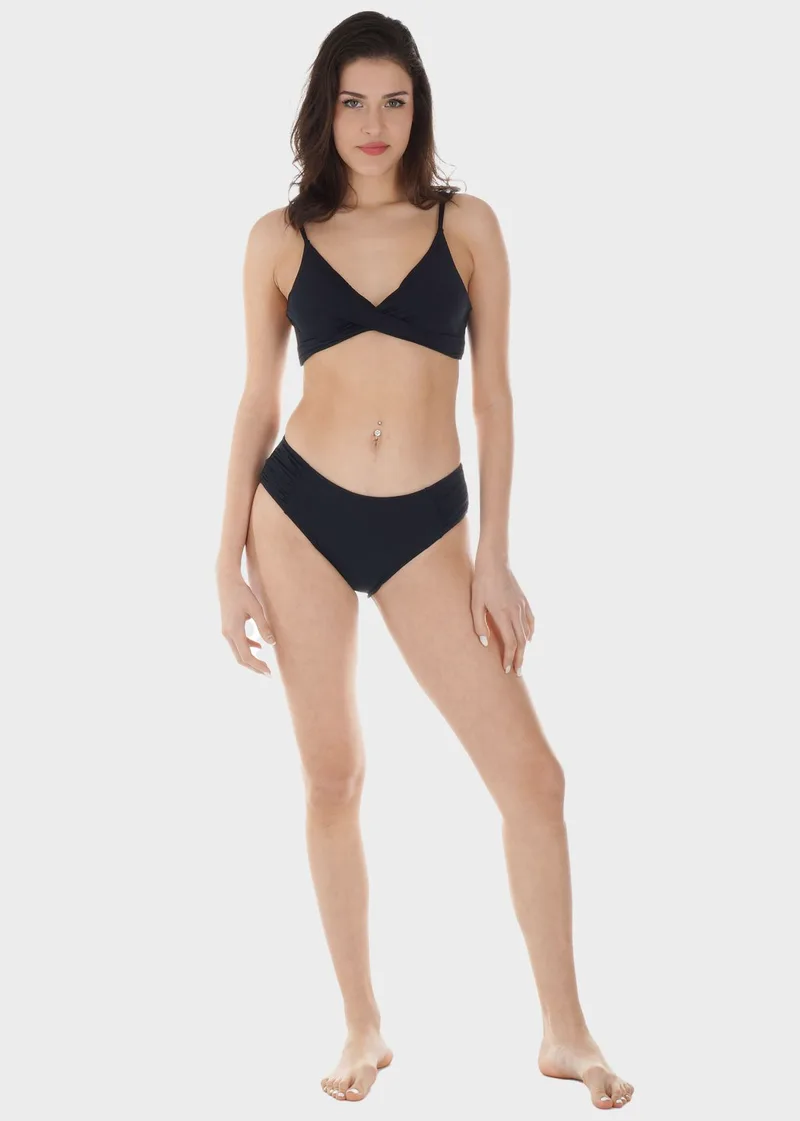 Γυναικείο σετ μαγιό bikini μονόχρωμο αποσπώμενη επένδυση slip κανονική γραμμή.Καλύπτει B-C Cup ΜΑΥΡΟ