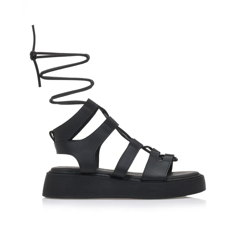 Flatforms μαύρα δερματίνη με ιδιαίτερο δέσιμο ΜΑΥΡΟ