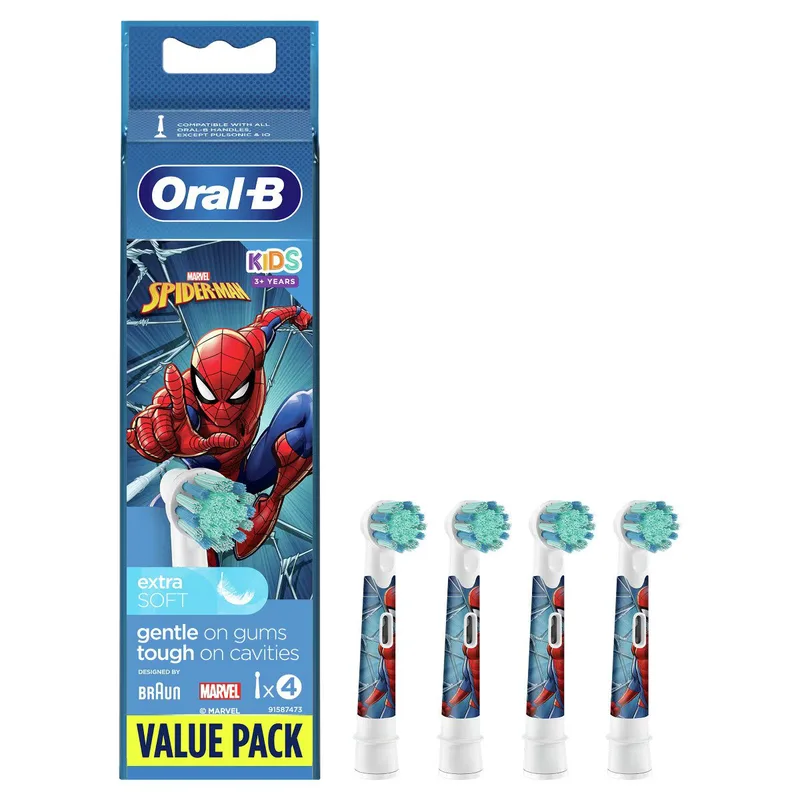 Oral-B Kids Spiderman Value Pack Extra Soft Electric Toothbrush Replacement Ανταλλακτικές Κεφαλές Παιδικής Ηλεκτρικής Οδοντόβουρτσας με Πολύ Μαλακές Ίνες & Χαρακτήρες της Ταινίας Spiderman 4 Τεμάχια